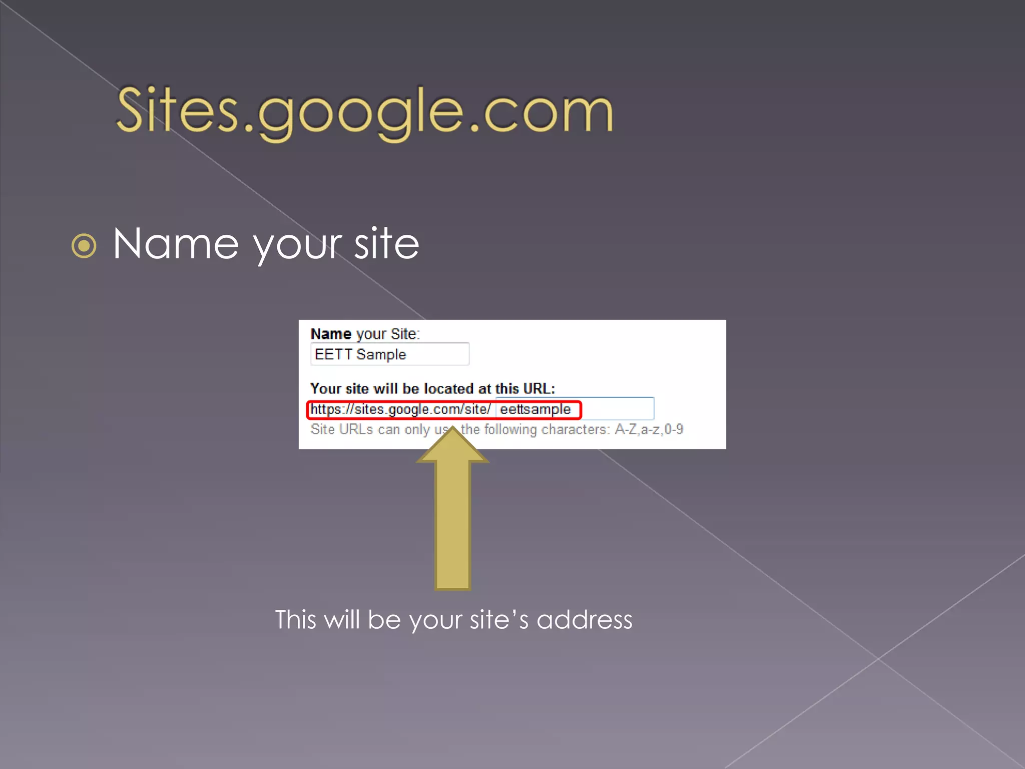 Sites.google.comName your siteThis will be your site’s address