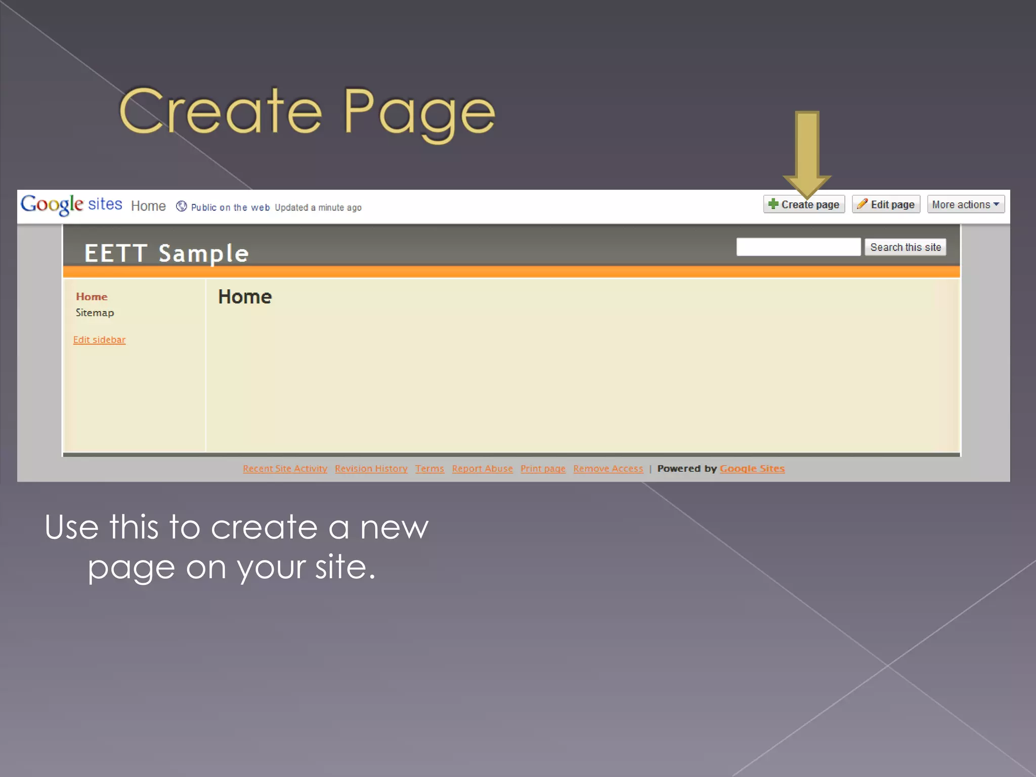 Create PageUse this to create a new page on your site.