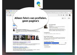 Google authorship
Een foto van jou als auteur bij het zoekresultaat
Door een koppeling tussen Google+ en je blog
Alleen foto’s van profielen,
geen pagina’s
 