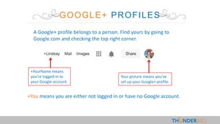 GOOGLE+ PROFILES
A Google+ profile belongs to a person. Find yours by going to
Google.com and checking the top right corner.
+YourName means
you’re logged in to
your Google account.
Your picture means you’ve
set up your Google+ profile.
+You means you are either not logged in or have no Google account.
 
