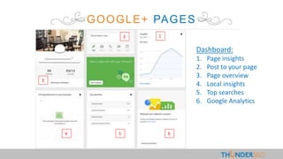 GOOGLE+ PAGES
Dashboard:
1. Page insights
2. Post to your page
3. Page overview
4. Local insights
5. Top searches
6. Google Analytics
1
3
4 5
2
6
 