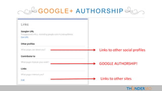 GOOGLE+ AUTHORSHIP
Links to other social profiles
GOOGLE AUTHORSHIP!
Links to other sites
 