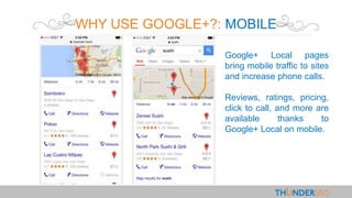 WHY USE GOOGLE+?: MOBILE
Google+ Local pages
bring mobile traffic to sites
and increase phone calls.
Reviews, ratings, pricing,
click to call, and more are
available thanks to
Google+ Local on mobile.
 