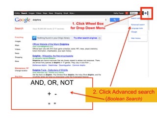 1. Click Wheel Box
           for Drop Down Menu




AND, OR, NOT
    + -                2. Click Advanced search
                             (Boolean Search)
    “ ”                                 14
 