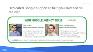 Proprietary + Confidential
Dedicated Google support to help you succeed on
the web
ERIC GEIBEL
Agency Development Manager
...