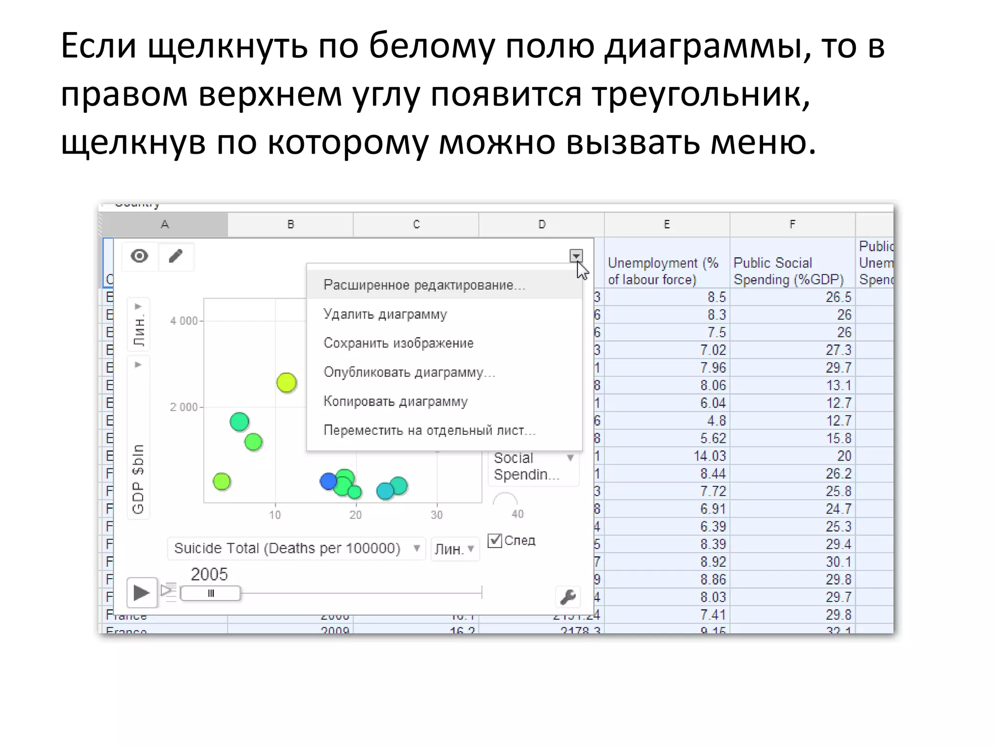 Если щелкнуть по белому полю диаграммы, то в
правом верхнем углу появится треугольник,
щелкнув по которому можно вызвать меню.
 
