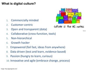 1. Commercially minded
2. Customer-centric
3. Open and transparent (data)
4. Collaborative (cross-function, tools)
5. Non-hierarchical
6. Growth hacker
7. Empowered (fail fast, ideas from anywhere)
8. Data driven (test and learn, evidence based)
9. Passion (hungry to learn, curious)
10. Innovative and agile (embrace change, process)
What is digital culture?
Image: http://gapingvoid.com/
 