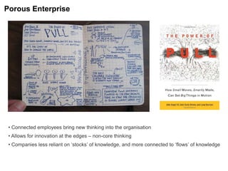 • Connected employees bring new thinking into the organisation
• Allows for innovation at the edges – non-core thinking
• Companies less reliant on „stocks‟ of knowledge, and more connected to „flows‟ of knowledge
Porous Enterprise
 
