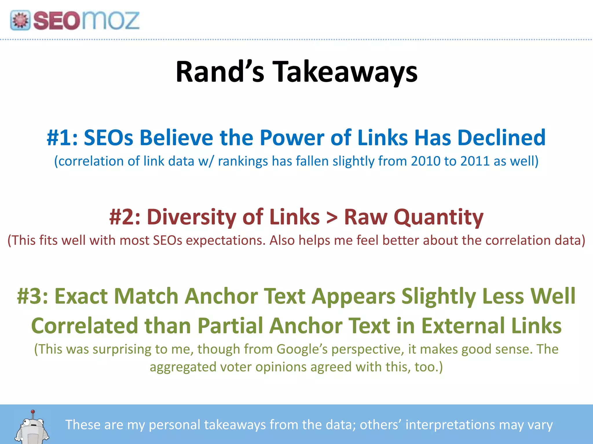 Rand’s Takeaways
      #1: SEOs Believe the Power of Links Has Declined
       (correlation of link data w/ rankings has fallen slightly from 2010 to 2011 as well)


                 #2: Diversity of Links > Raw Quantity
(This fits well with most SEOs expectations. Also helps me feel better about the correlation data)


 #3: Exact Match Anchor Text Appears Slightly Less Well
  Correlated than Partial Anchor Text in External Links
    (This was surprising to me, though from Google’s perspective, it makes good sense. The
                        aggregated voter opinions agreed with this, too.)


           http:/googleblog.blogspot.com/2010/06/our-new-search-index-caffeine.html
         These are my personal takeaways from the data; others’ interpretations may vary
 