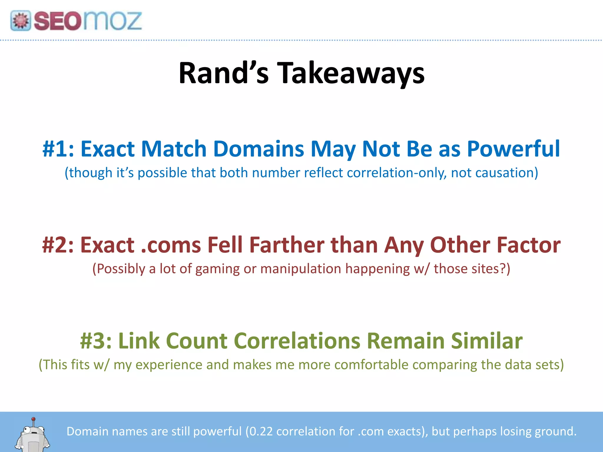 Rand’s Takeaways

#1: Exact Match Domains May Not Be as Powerful
    (though it’s possible that both number reflect correlation-only, not causation)



#2: Exact .coms Fell Farther than Any Other Factor
        (Possibly a lot of gaming or manipulation happening w/ those sites?)



      #3: Link Count Correlations Remain Similar
(This fits w/ my experience and makes me more comfortable comparing the data sets)



      http:/googleblog.blogspot.com/2010/06/our-new-search-index-caffeine.html
    Domain names are still powerful (0.22 correlation for .com exacts), but perhaps losing ground.
 