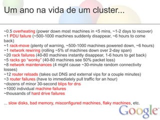 Um ano na vida de um cluster...

~0.5 overheating (power down most machines in <5 mins, ~1-2 days to recover)
~1 PDU failure (~500-1000 machines suddenly disappear, ~6 hours to come
back)
~1 rack-move (plenty of warning, ~500-1000 machines powered down, ~6 hours)
~1 network rewiring (rolling ~5% of machines down over 2-day span)
~20 rack failures (40-80 machines instantly disappear, 1-6 hours to get back)
~5 racks go “wonky” (40-80 machines see 50% packet loss)
~8 network maintenances (4 might cause ~30-minute random connectivity
losses)
~12 router reloads (takes out DNS and external vips for a couple minutes)
~3 router failures (have to immediately pull traffic for an hour)
~dozens of minor 30-second blips for dns
~1000 individual machine failures
~thousands of hard drive failures

... slow disks, bad memory, misconfigured machines, flaky machines, etc.
 