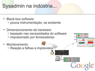 Sysadmin na indústria...

• Black-box software
   o pouca instrumentação, se existente


• Dimensionamento de hardware
  o baseado nas necessidades do software
  o impulsionado por fornecedores


• Monitoramento
  o Reação a falhas e imprevistos
 