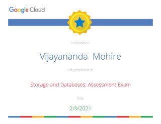 Presented to
For completion of
Date
Vijayananda Mohire
Storage and Databases: Assessment Exam
2/9/2021
 
