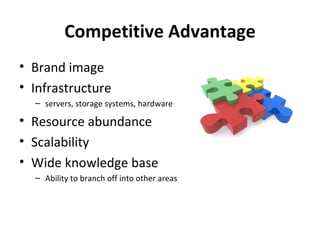 Competitive Advantage
• Brand image
• Infrastructure
  – servers, storage systems, hardware

• Resource abundance
• Scalability
• Wide knowledge base
  – Ability to branch off into other areas
 