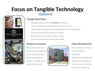 Focus on Tangible Technology
                     Option B
     • Google Retail Store
           •Google focuses on future TANGIBLE technology
           •These technologies are displayed for everyone to see
           •Store allows the public to use and ‘experience’ these innovations
           •The world sees where the future is leading
           •Products will be available to order and buy
           •Decreasing dependence on adv. Rev. (80%)

     •Product Innovation                                           •Store Development
     $3B to be invested into                                       •Located in New York City
     research and development                                      •Free for public to
     for new product designs,                                      experience
     such as Google glasses,                                       •Hype is generated through
     Google TV, Google phone,                                      Google’s online platforms
     Google Driverless Car                                         •$1.1M to rent, $0.4M for
                                                                   renovations and set-up
 
