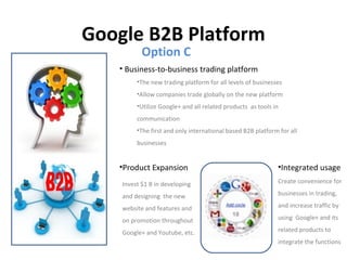 Google B2B Platform
           Option C
   • Business-to-business trading platform
         •The new trading platform for all levels of businesses
         •Allow companies trade globally on the new platform
         •Utilize Google+ and all related products as tools in
         communication
         •The first and only international based B2B platform for all
         businesses


   •Product Expansion                                        •Integrated usage
    Invest $1 B in developing                                Create convenience for

    and designing the new                                    businesses in trading,

    website and features and                                 and increase traffic by

    on promotion throughout                                  using Google+ and its

    Google+ and Youtube, etc.                                related products to
                                                             integrate the functions
 