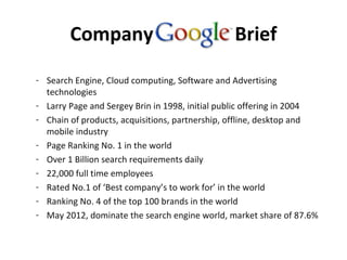Company                                 Brief

- Search Engine, Cloud computing, Software and Advertising
  technologies
- Larry Page and Sergey Brin in 1998, initial public offering in 2004
- Chain of products, acquisitions, partnership, offline, desktop and
  mobile industry
- Page Ranking No. 1 in the world
- Over 1 Billion search requirements daily
- 22,000 full time employees
- Rated No.1 of ‘Best company’s to work for’ in the world
- Ranking No. 4 of the top 100 brands in the world
- May 2012, dominate the search engine world, market share of 87.6%
 