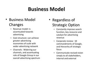 Business Model
• Business Model                   • Regardless of
  Changes                            Strategic Option
  – Revenue model: is                – Constantly improve search
    accentuated towards                function, key resource and
    advertising                        catalyst for advertising
  – Cost structure: can achieve        revenue
    greater advertising              – Corporate review: 10
    economies of scale with            commandments of Google,
    wider advertising network          and Hierarchy of strategic
  – Channels: Widening our             focus
    channels, and accentuating       – Communicate revised vision
    role of Google Group in our        simply to all stakeholders,
    overall advertising spectrum       internal and external
 