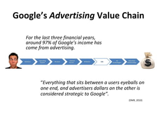 Google’s Advertising Value Chain

   For the last three financial years,
   around 97% of Google’s income has
   come from advertising.




         “Everything that sits between a users eyeballs on
         one end, and advertisers dollars on the other is
         considered strategic to Google”.
                                                  (DMR, 2010)
 