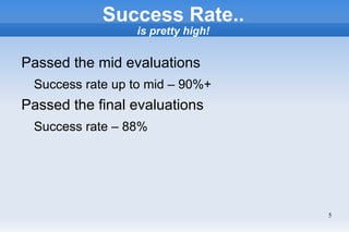 Success Rate..
                 is pretty high!


Passed the mid evaluations
 Success rate up to mid – 90%+
Passed the final evaluations
 Success rate – 88%




                                   5
 