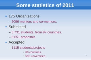 Some statistics of 2011
   175 Organizations
    – 2096 mentors and co-mentors.
   Submitted
    – 3,731 students, from 97 countries.
    – 5,651 proposals.
   Accepted
    – 1115 students/projects
             • 68 countries.
             • 595 universities.           4
 