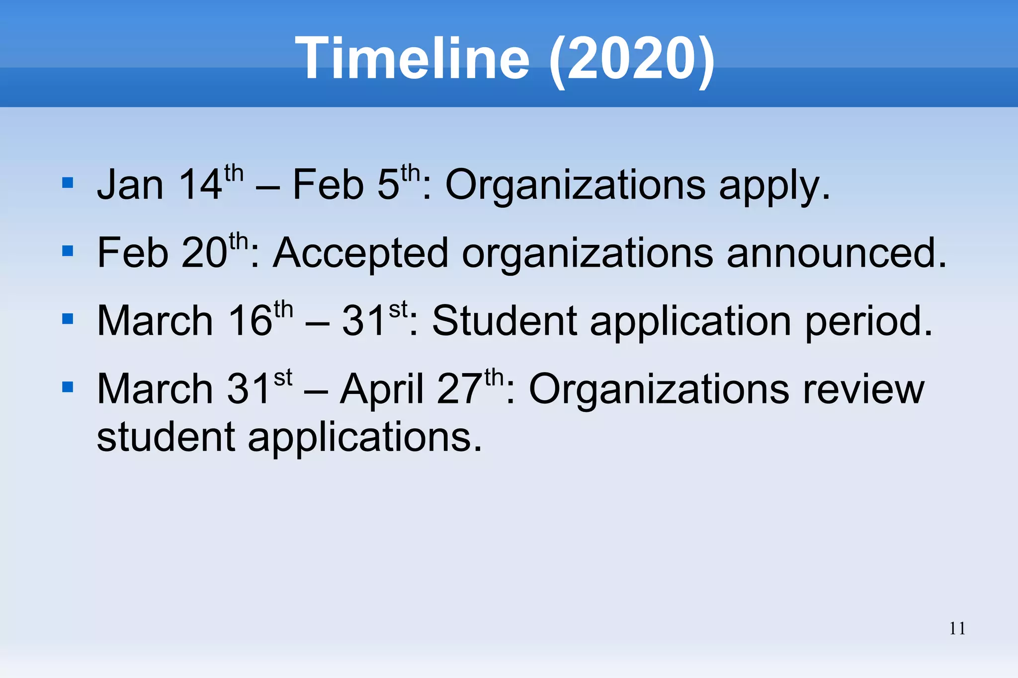 11
Timeline (2020)

Jan 14th
– Feb 5th
: Organizations apply.

Feb 20th
: Accepted organizations announced.

March 16th
– 31st
: Student application period.

March 31st
– April 27th
: Organizations review
student applications.
 