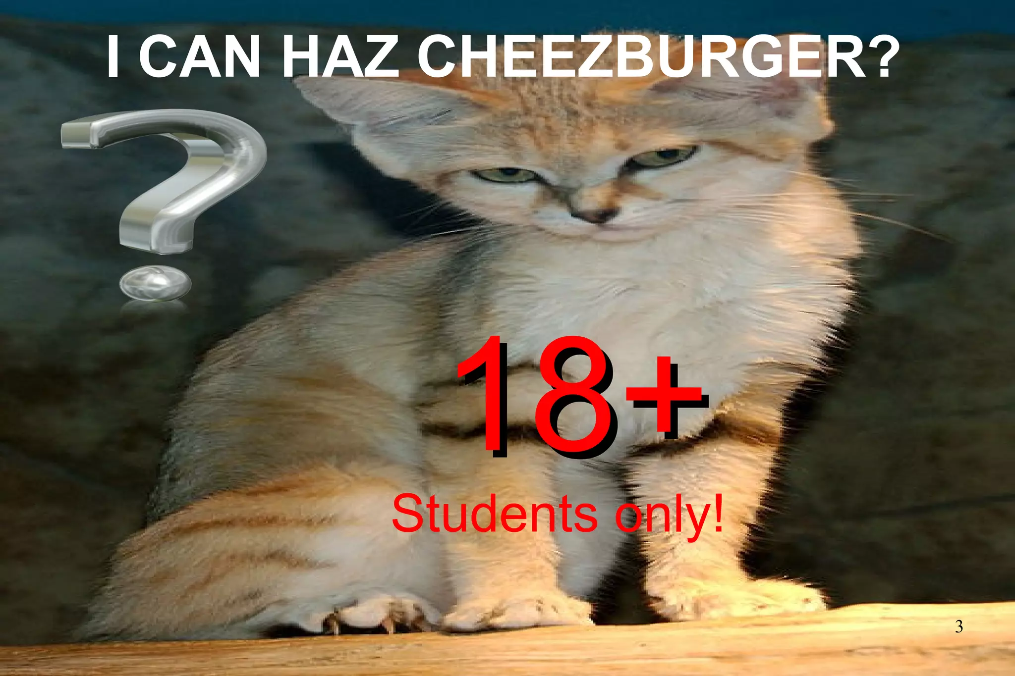 3
I CAN HAZ CHEEZBURGER?
18+18+
Students only!
 