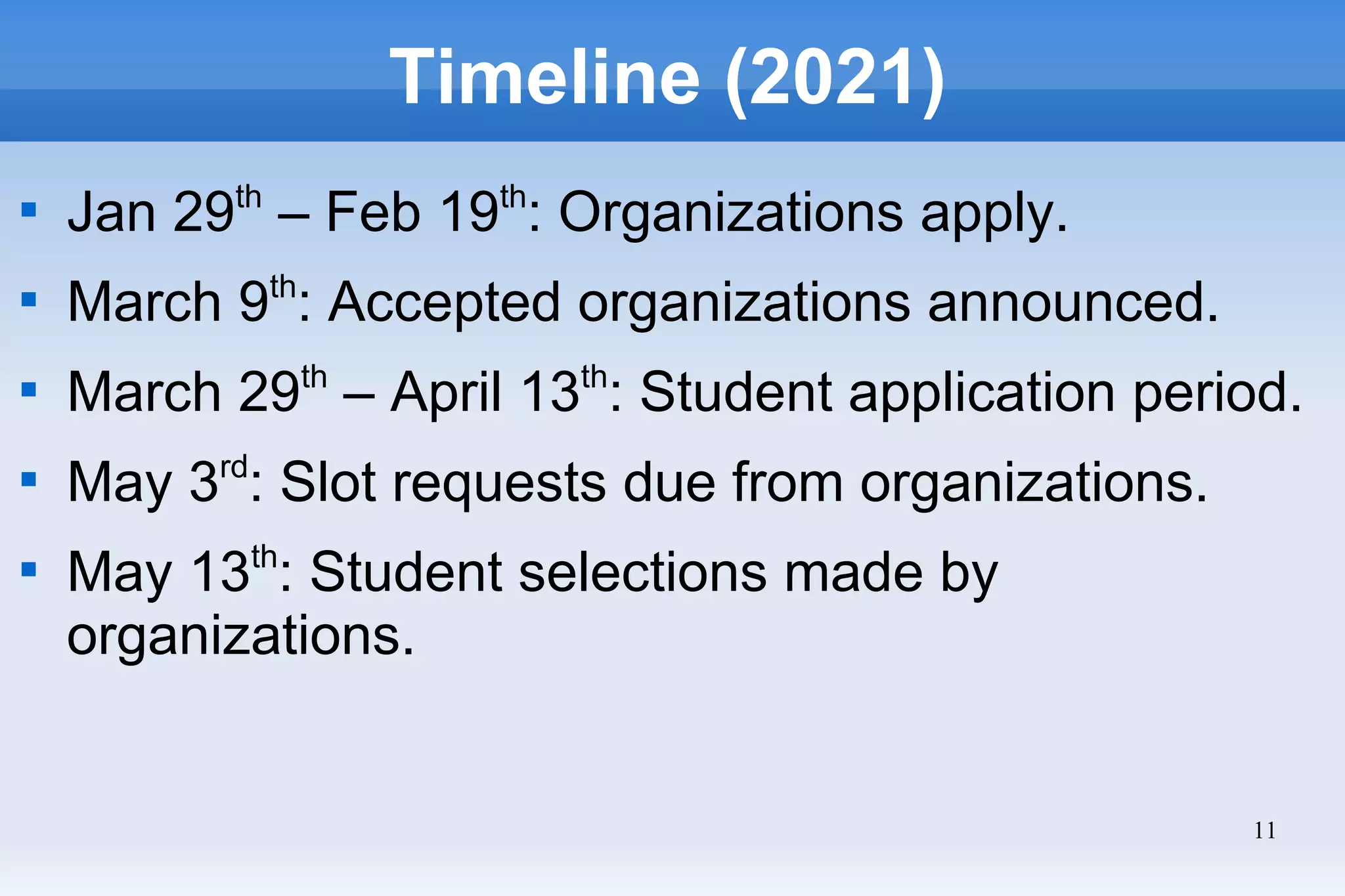 11
Timeline (2021)

Jan 29th
– Feb 19th
: Organizations apply.

March 9th
: Accepted organizations announced.

March 29th
– April 13th
: Student application period.

May 3rd
: Slot requests due from organizations.

May 13th
: Student selections made by
organizations.
 