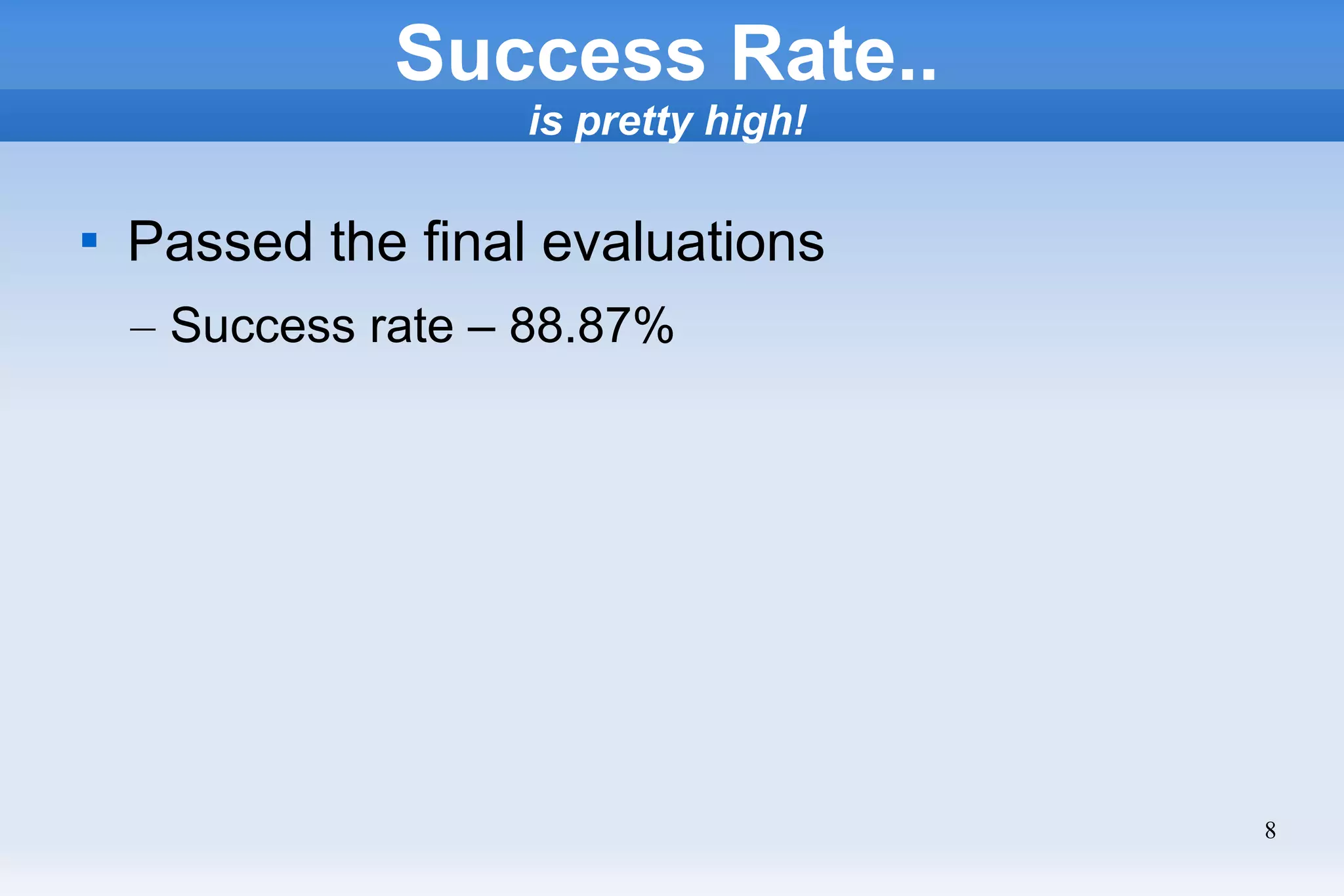 8
Success Rate..
is pretty high!

Passed the final evaluations
– Success rate – 88.87%
 