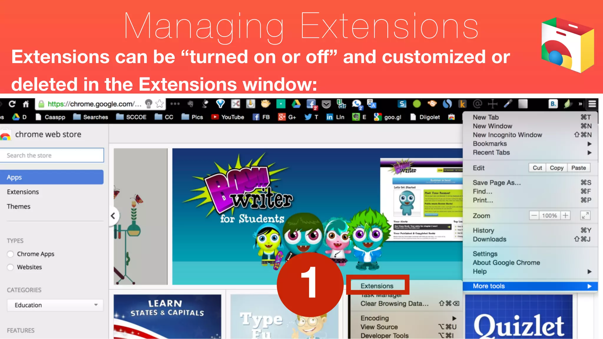Managing Extensions
Extensions can be “turned on or oﬀ” and customized or
deleted in the Extensions window:
1
 