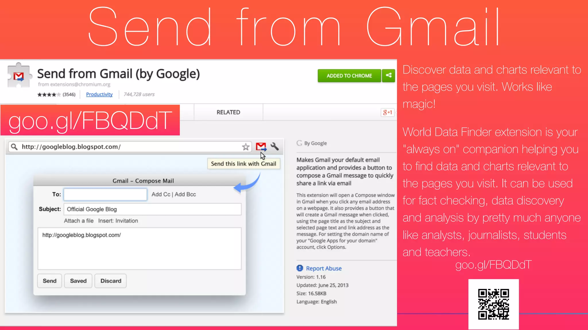 Send from Gmail
Discover data and charts relevant to
the pages you visit. Works like
magic!
World Data Finder extension is your
"always on" companion helping you
to ﬁnd data and charts relevant to
the pages you visit. It can be used
for fact checking, data discovery
and analysis by pretty much anyone
like analysts, journalists, students
and teachers.
goo.gl/FBQDdT
goo.gl/FBQDdT
 
