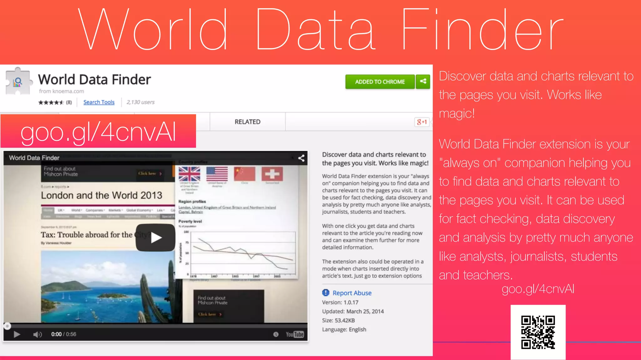 World Data Finder
Discover data and charts relevant to
the pages you visit. Works like
magic!
World Data Finder extension is your
"always on" companion helping you
to ﬁnd data and charts relevant to
the pages you visit. It can be used
for fact checking, data discovery
and analysis by pretty much anyone
like analysts, journalists, students
and teachers.
goo.gl/4cnvAl
goo.gl/4cnvAl
 