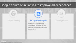 Proprietary + Confidential
Google’s suite of initiatives to improve ad experiences
Chrome Filtering Ad Experience Report
A new tool in Google Search
Console that lists when we have
identified experiences that violate
the standard.
Funding Choices
Icon made by Freepik from www.flaticon.com
 