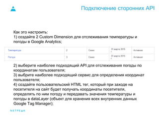Подключение сторонних API
Как это настроить:
1) создайте 2 Custom Dimension для отслеживания температуры и
погоды в Google Analytics;
2) выберите наиболее подходящий API для отслеживания погоды по
координатам пользователя;
3) выбрите наиболее подходящий сервис для определения координат
пользователя;
4) создайте пользовательский HTML тег, который при заходе на
посетителя на сайт будет получать координаты посетителя,
определять по ним погоду и передавать значения температуры и
погоды в dataLayer (объект для хранения всех внутренних данных
Google Tag Manager);
 