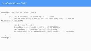 JavaScript Code – Teil 2
if(typeof pair[1] == "undefined")
{
var ref = document.referrer.split('/')[2];
if (ref == "www.google.de" || ref == "www.bing.com" || ref ==
"r.search.yahoo.com")
{
var d = new Date();
d.setTime(d.getTime() + (30*24*60*60*1000));
var expires = "expires="+d.toUTCString();
document.cookie = "saleschannel=seo; path=/; " + expires;
}
}
</script>
 