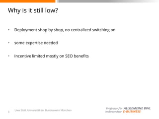 Uwe Stoll, Universität der Bundeswehr München
Why is it still low?
✴ Deployment shop by shop, no centralized switching on
✴ some expertise needed
✴ Incentive limited mostly on SEO beneﬁts
3
 