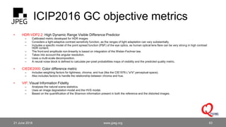 ICIP2016 GC objective metrics
• HDR-VDP2.2: High Dynamic Range Visible Difference Predictor
– Calibrated metric developed ...