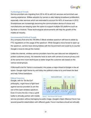 Technological Trends
Service providers are migrating from 3G to 4G to add rich services and enriched user
viewing experience. WiMax adoption by carriers is also helping broadband proliferation,
especially video services which are estimated to account for 40% of revenues in 2012.
Smartphones are increasingly becoming the communication device of choice and
manufacturers are keeping open the option to support multiple OS platforms such as
Symbian or Android. These technological advancements will help the growth of the
mobile ad industry.

Governmental/Political Trends
Any company that wins the 700 MHz C-Block wireless spectrum will have to abide by
FTC regulations on the usage of the spectrum. While Google’s move forced to open up
the spectrum, carriers have strong lobbies with the Government and could try to counter
Google’s move to disrupt the market.

Unlike the internet, wireless service providers have the user data and are obligated to
protect customer privacy. Ad networks have to work with carriers to ensure privacy and
at the same time invent techniques to better target the customer ads based on the
various social groups.

If Microsoft’s bid for Yahoo is successful, this poses a major threat to Google in the ad
space. Google might hence try and lobby the political circles to try and break the deal
and help Yahoo backdoors.

Ethical Concerns
Google, with its “Do No Evil”
philosophy, might have to fight hard
against service providers to win the
war of the open wireless spectrum.
Even if it wins the bid, it has a uphill
battle to ethically partner with mobile    Figure 1 - Real Annual GDP Growth

service providers without damaging its public image. Google’s Open Alliance Forum has
several powerful stakeholders with different goals. Forum members should act ethically




                                              10
 