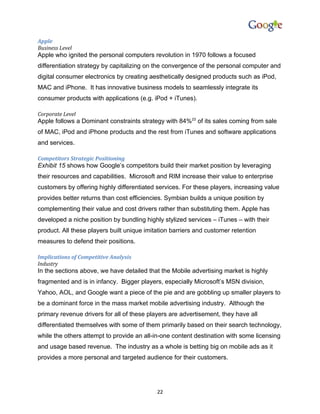 Apple
Business Level
Apple who ignited the personal computers revolution in 1970 follows a focused
differentiation strategy by capitalizing on the convergence of the personal computer and
digital consumer electronics by creating aesthetically designed products such as iPod,
MAC and iPhone. It has innovative business models to seamlessly integrate its
consumer products with applications (e.g. iPod + iTunes).

Corporate Level
Apple follows a Dominant constraints strategy with 84%23 of its sales coming from sale
of MAC, iPod and iPhone products and the rest from iTunes and software applications
and services.

Competitors Strategic Positioning
Exhibit 15 shows how Google’s competitors build their market position by leveraging
their resources and capabilities. Microsoft and RIM increase their value to enterprise
customers by offering highly differentiated services. For these players, increasing value
provides better returns than cost efficiencies. Symbian builds a unique position by
complementing their value and cost drivers rather than substituting them. Apple has
developed a niche position by bundling highly stylized services – iTunes – with their
product. All these players built unique imitation barriers and customer retention
measures to defend their positions.

Implications of Competitive Analysis
Industry
In the sections above, we have detailed that the Mobile advertising market is highly
fragmented and is in infancy. Bigger players, especially Microsoft’s MSN division,
Yahoo, AOL, and Google want a piece of the pie and are gobbling up smaller players to
be a dominant force in the mass market mobile advertising industry. Although the
primary revenue drivers for all of these players are advertisement, they have all
differentiated themselves with some of them primarily based on their search technology,
while the others attempt to provide an all-in-one content destination with some licensing
and usage based revenue. The industry as a whole is betting big on mobile ads as it
provides a more personal and targeted audience for their customers.




                                            22
 