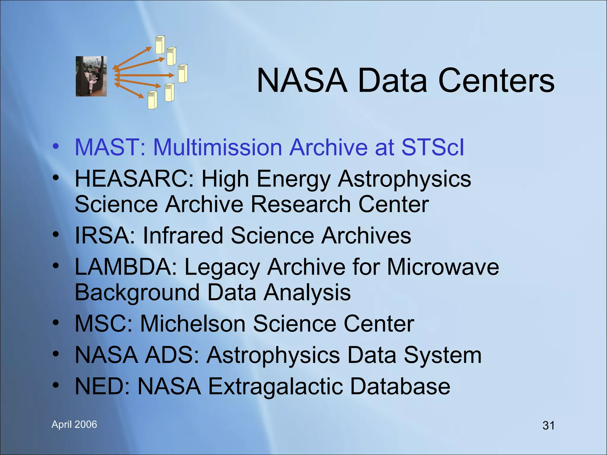 NASA Data Centers MAST: Multimission Archive at STScI HEASARC: High Energy Astrophysics Science Archive Research Center IRSA: Infrared Science Archives LAMBDA: Legacy Archive for Microwave Background Data Analysis MSC: Michelson Science Center NASA ADS: Astrophysics Data System NED: NASA Extragalactic Database 