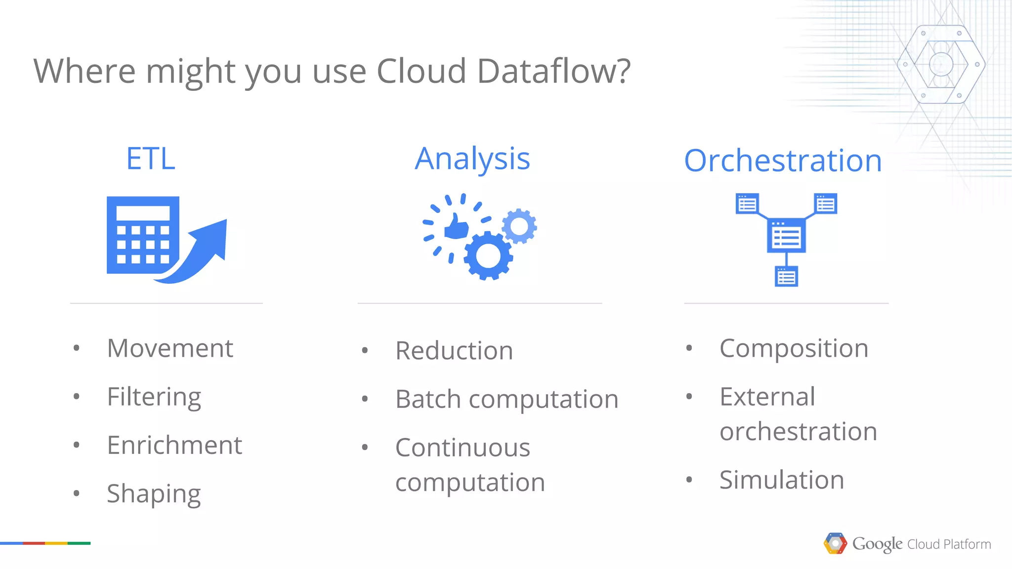 • Movement
• Filtering
• Enrichment
• Shaping
• Reduction
• Batch computation
• Continuous
computation
• Composition
• External
orchestration
• Simulation
Where might you use Cloud Dataflow?
AnalysisETL Orchestration
 