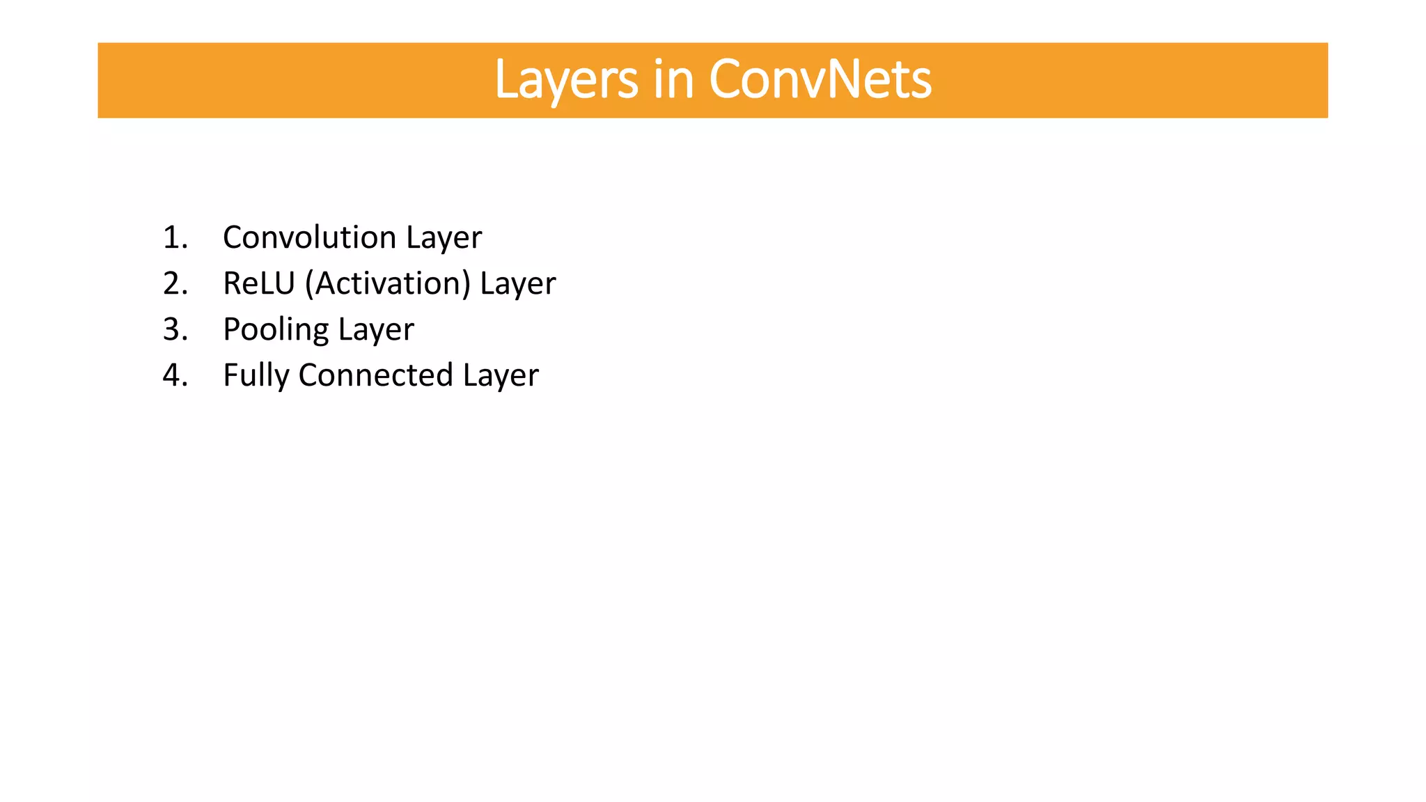 Layers in ConvNets
1. Convolution Layer
2. ReLU (Activation) Layer
3. Pooling Layer
4. Fully Connected Layer
 