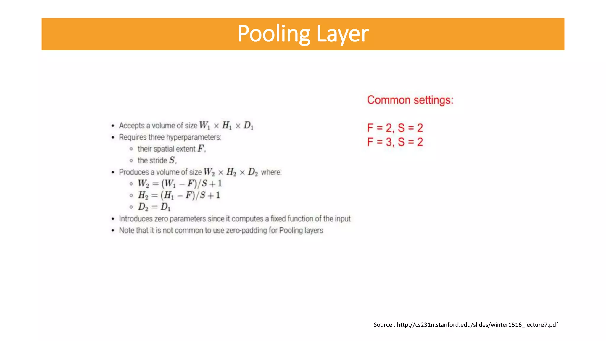 Source : http://cs231n.stanford.edu/slides/winter1516_lecture7.pdf
Pooling Layer
 