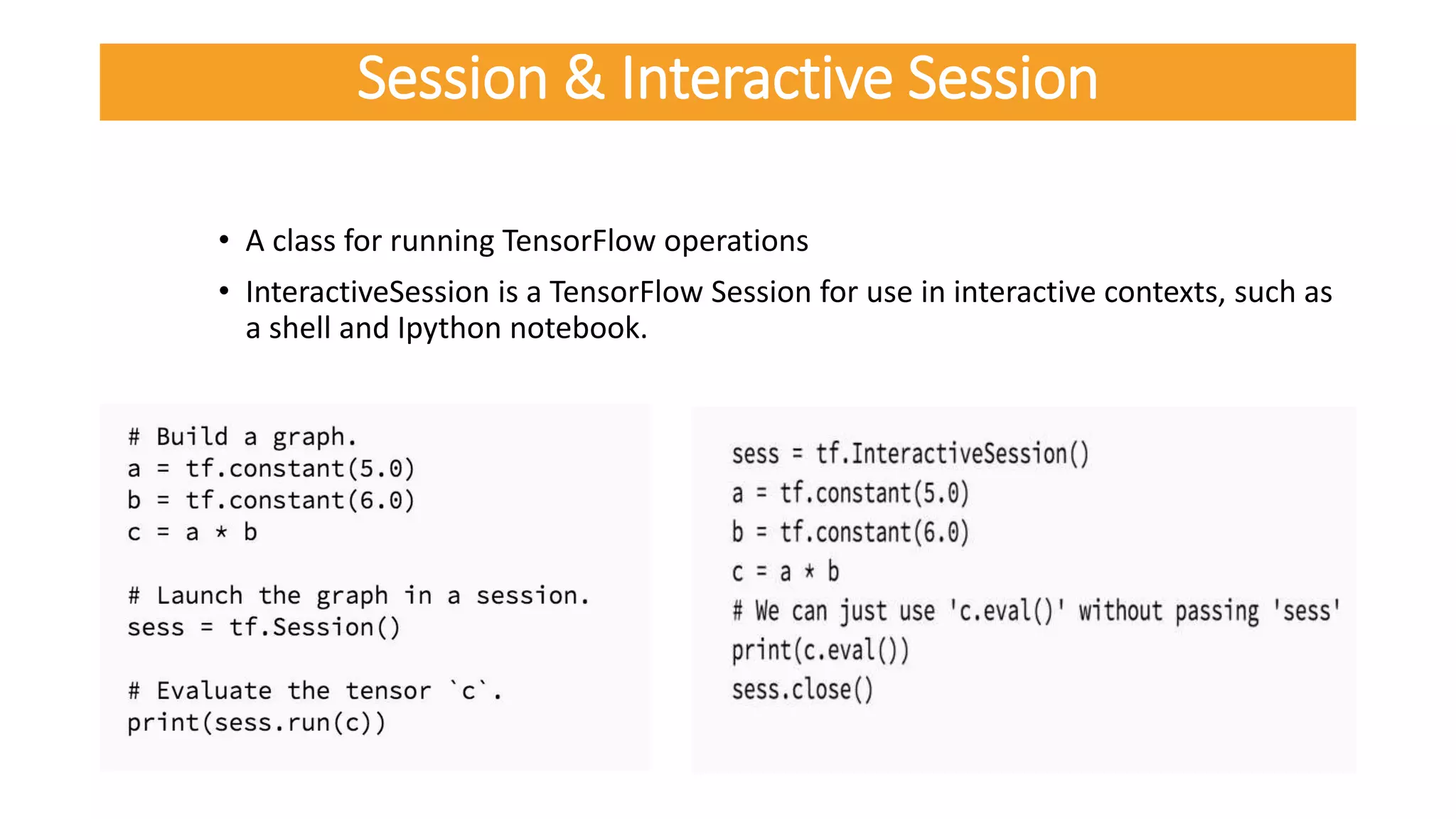 • A class for running TensorFlow operations
• InteractiveSession is a TensorFlow Session for use in interactive contexts, such as
a shell and Ipython notebook.
Session & Interactive Session
 
