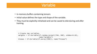• In-memory buffers containing tensors
• Initial value defines the type and shape of the variable.
• They must be explicitly initialized and can be saved to disk during and after
training.
Variable
 