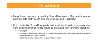 • TensorBoard operates by reading TensorFlow events files, which contain
summary data that you can generate when running TensorFlow.
• First, create the TensorFlow graph that we'd like to collect summary data
from, and decide which nodes should be annotated with summary operation.
• For example,
• For MNIST digits CNNs, we'd like to record how the learning rate varies over time, and how
the objective function is changing
• We’d like to record distribution of gradients or weights
TensorBoard
 