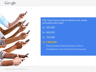 Poll: How many Android devices are newly
                                        activated every day?

                                        a)  200,000

                                        b)  400,000

                                        c)  750,000
                                        d)  1,000,000
                                           The IDC predicts Android will be on 61% of
                                           smartphones in the US by the end of this year.




                                                                 Snoop
                                                                  Dog
Image purchased from iStockphoto.com.                                     Google Conﬁdential and Proprietary   15
 