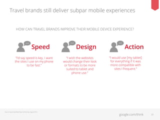 Travel brands still deliver subpar mobile experiences
HOW CAN TRAVEL BRANDS IMPROVE THEIR MOBILE DEVICE EXPERIENCE?

Speed
“I’d say speed is key. I want
the sites I use on my phone
to be fast.”

Source: Ipsos HearWatchSay Community, August 2013.

Design
“I wish the websites
would change their look
or formats to be more
suited to tablet and
phone use."

Action
“I would use [my tablet]
for everything if it was
more compatible with
sites I frequent.”

google.com/think

22

 