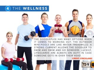 4 T H E W E L L N E S S
T H E G O O G L E P L E X H A S M A N Y O P T I O N S W H E N
I T C O M E S T O W O R K I N G O U T. T H E O U T D O O R
M I N I - P O O L S A R E L I K E WA T E R T R E A D M I L L S : A
S T R O N G C U R R E N T A L L O W S T H E G O O G L E R T O
S W I M A N D S W I M A N D G O N O W H E R E . L U C K I LY,
L I F E G U A R D S A R E A LWA Y S O N D U T Y I N C A S E
S O M E O N E G E T S I N O V E R T H E I R H E A D .
[CREDIT: STRICKLAND]
 