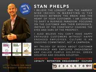 ABOUT
THE
AUTHOR I B E L I E V E T H E L O N G E S T A N D T H E H A R D E S T
N I N E I N C H E S I N M A R K E T I N G I S T H E
D I S TA N C E B E T W E E N T H E B R A I N A N D T H E
H E A R T O F Y O U R C U S T O M E R . I A M L O O K I N G
T O S H I F T A B U S I N E S S PA R A D I G M : F O C U S I N G
O N T H E C U S T O M E R A N D T H E I R E X P E R I E N C E ,
I N S T E A D O F T H E C O N S TA N T LY C H A S I N G T H E
E Y E S A N D E A R S O F T H E P R O S P E C T.
!
I A L S O B E L I E V E Y O U C A N ’ T H A V E H A P P Y
E N T H U S E D C U S T O M E R S W I T H O U T H A P P Y
E N G A G E D E M P L O Y E E S . C U L T U R E I S A N
O N G O I N G C O M M I T M E N T, N O T A C A M PA I G N .
!
M Y T R I L O G Y O F B O O K S A B O U T C U S T O M E R
E X P E R I E N C E A N D E M P L O Y E E E N G A G E M E N T
A R E C A L L E D P U R P L E G O L D F I S H , G R E E N
G O L D F I S H A N D G O L D E N G O L D F I S H .
!!!!
L O YA LT Y R E T E N T I O N E N G A G E M E N T C U LT U R E
S TA N P H E L P S
K E Y N O T E S W O R K S H O P S C O N S U LT I N G
L I T T L E T H I N G S C A N M A K E
T H E B I G G E S T D I F F E R E N C E
 